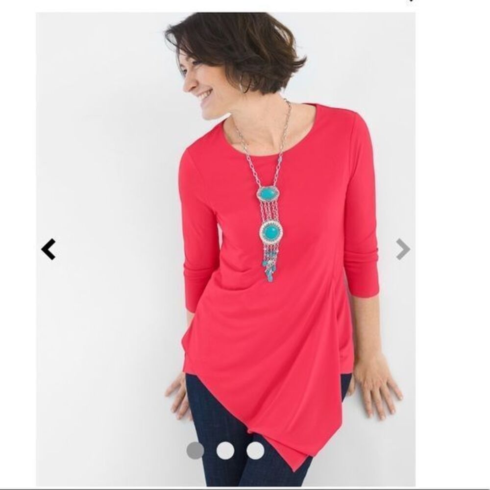 Chico's Ultimate Tee 3/4 Sleeve Asymmetric Coral Tunic‎ Top Stretch Size 3 XL